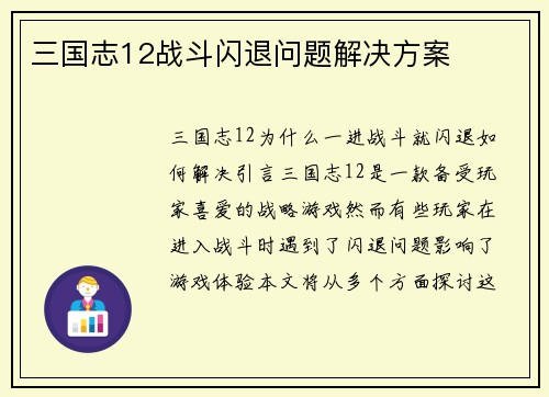 三国志12战斗闪退问题解决方案